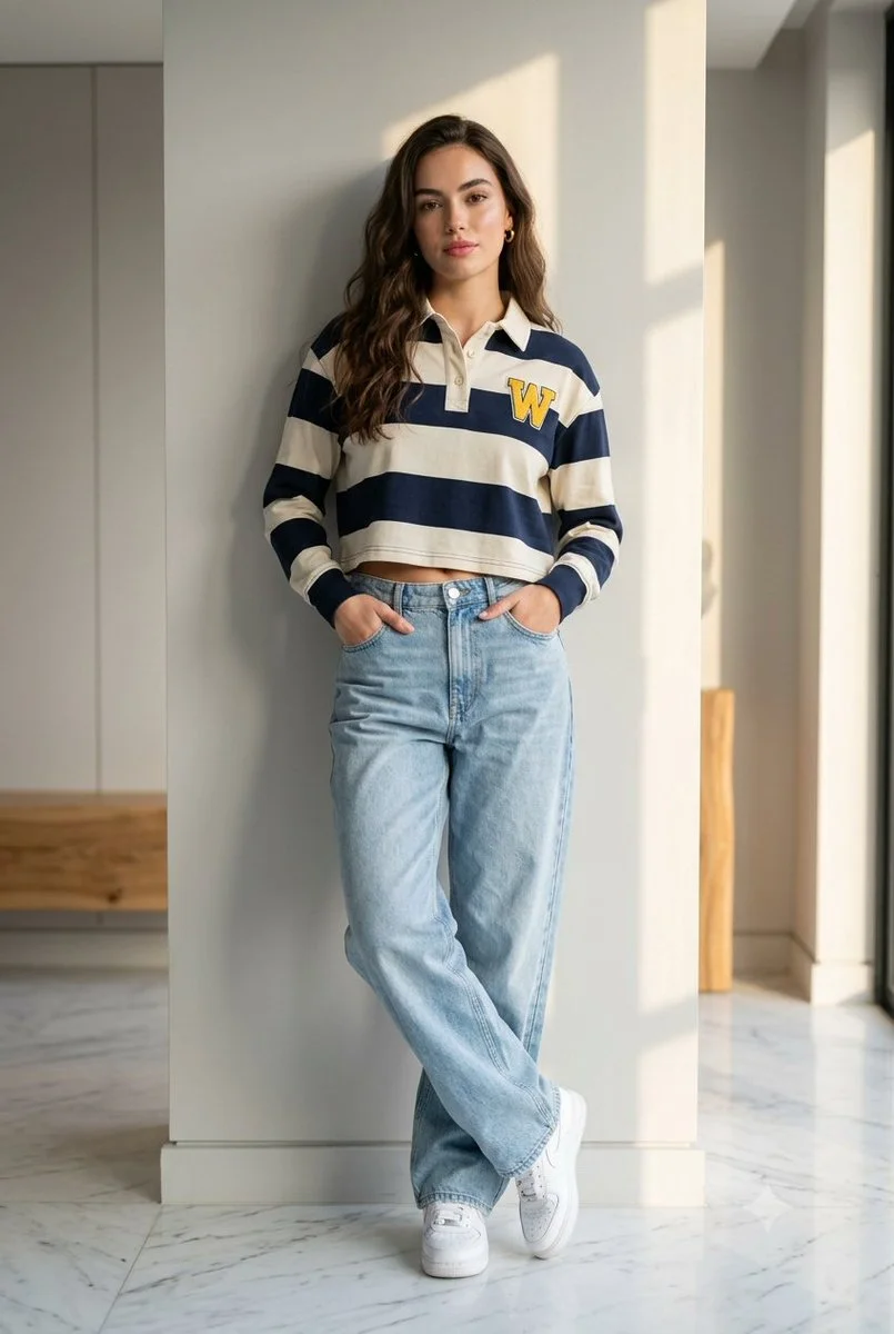 A full-length portrait in casual layered clothing.