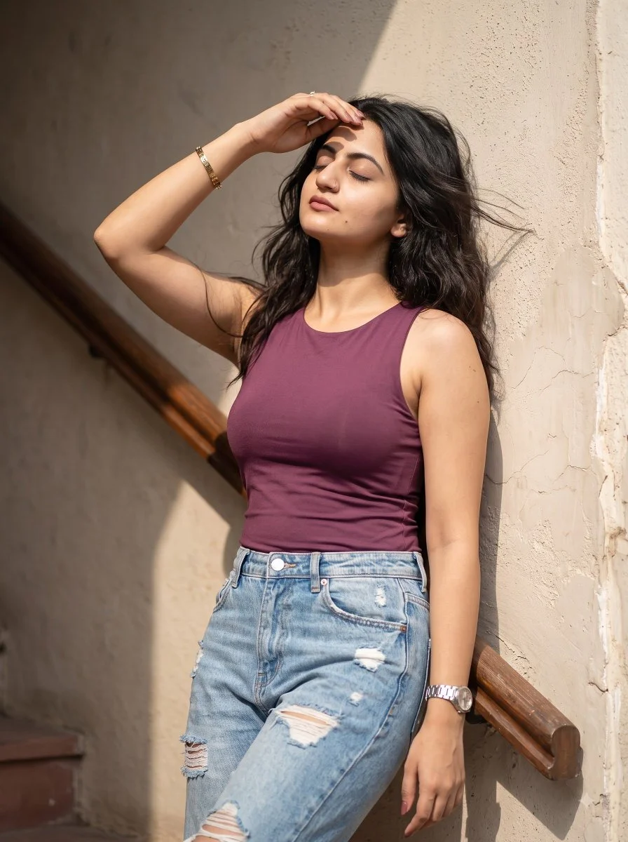 A naturally lit portrait beside a stairwell.