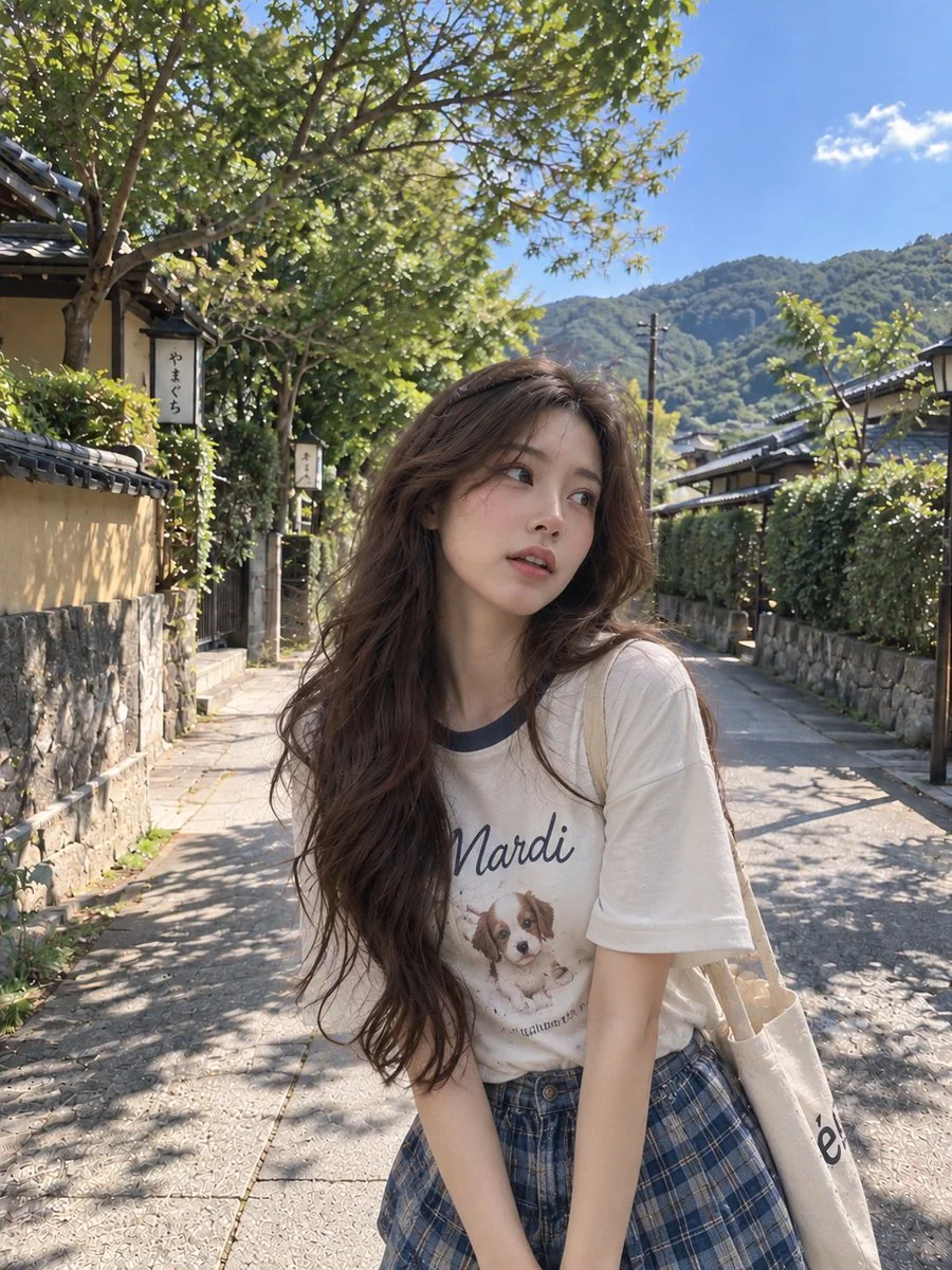 A casual outdoor portrait with long hair.