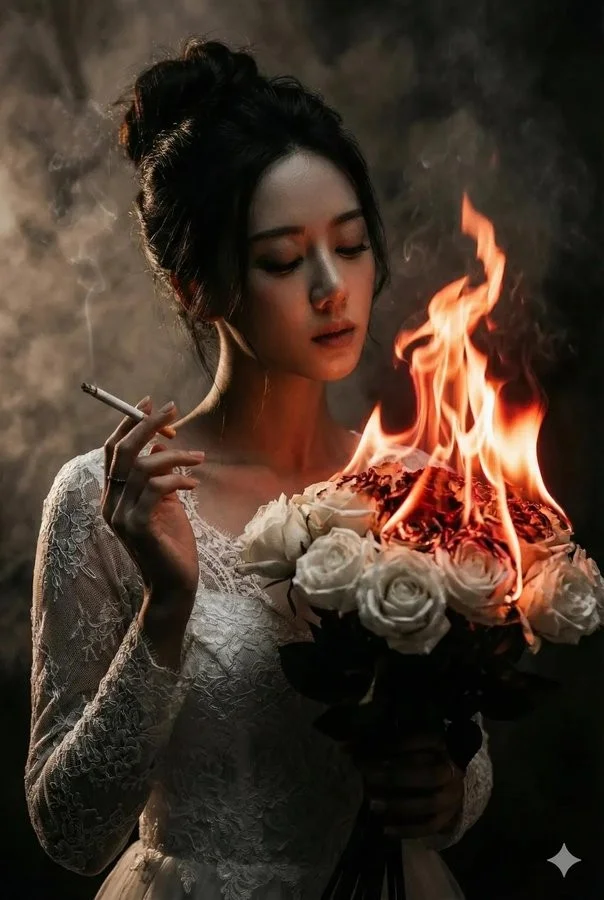 Vestido de novia de encaje blanco y un ramo con llamas en un retrato de fantasía