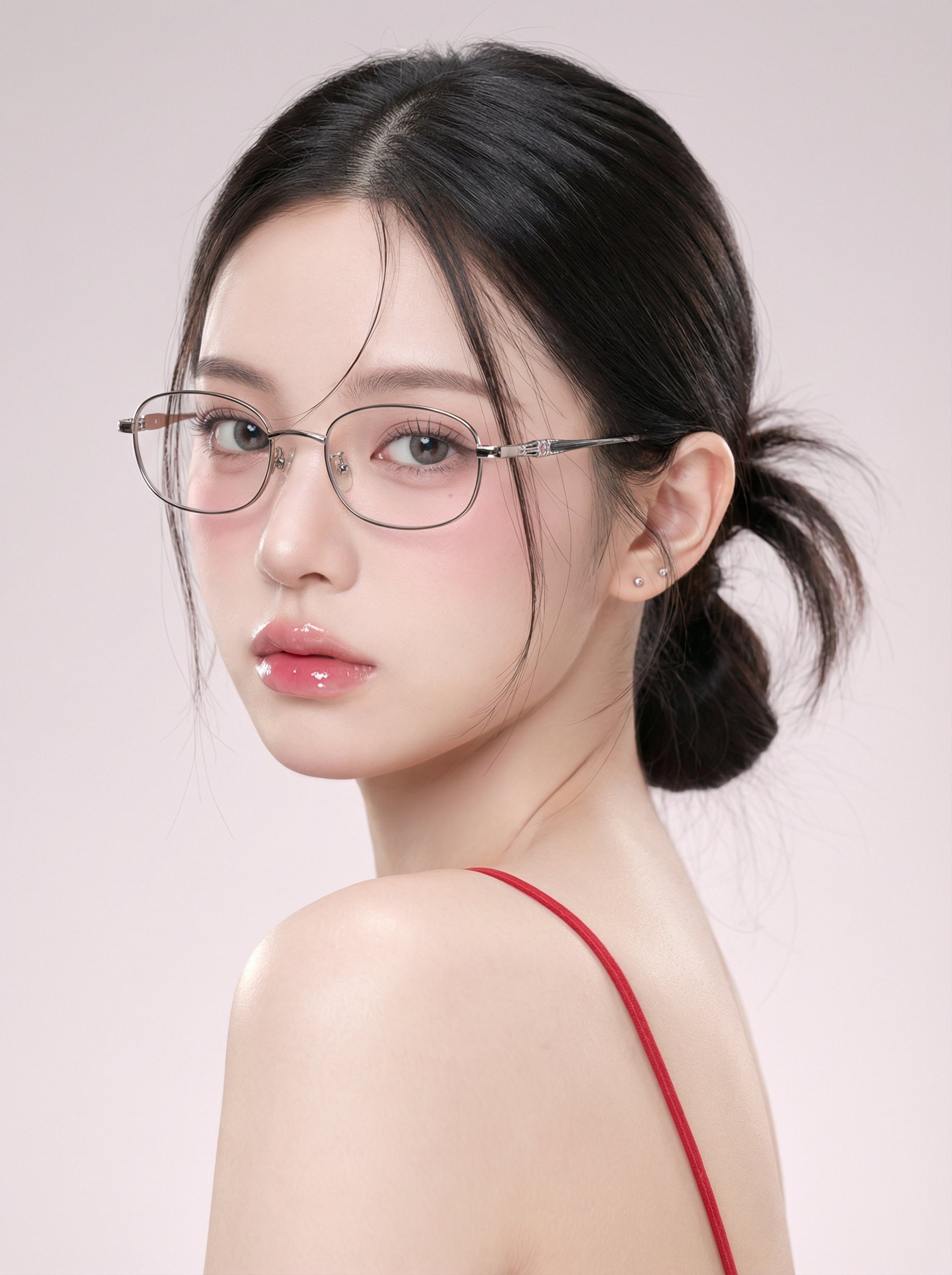 A close portrait with glasses and tied-back hair.