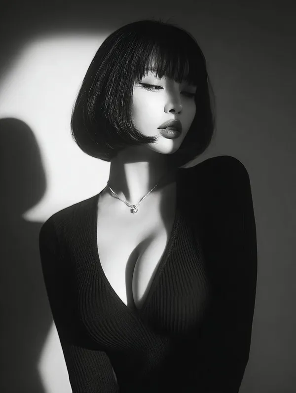 A monochrome portrait with a short bob.