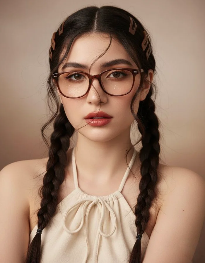 A close portrait with glasses and braided hair.