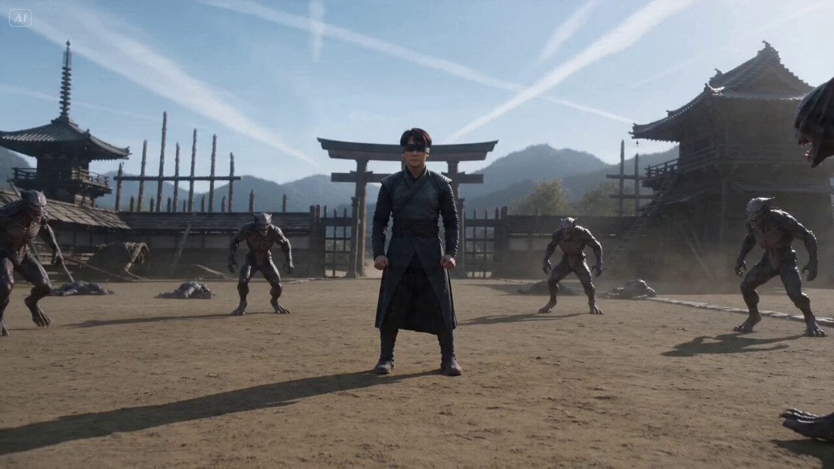 cinematic martial arts confrontation in broad daylight, a blind shaolin monk