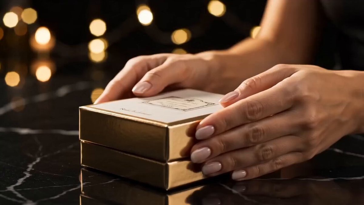 Ultra-realistic luxury UGC ASMR perfume review video. Warm golden ambient