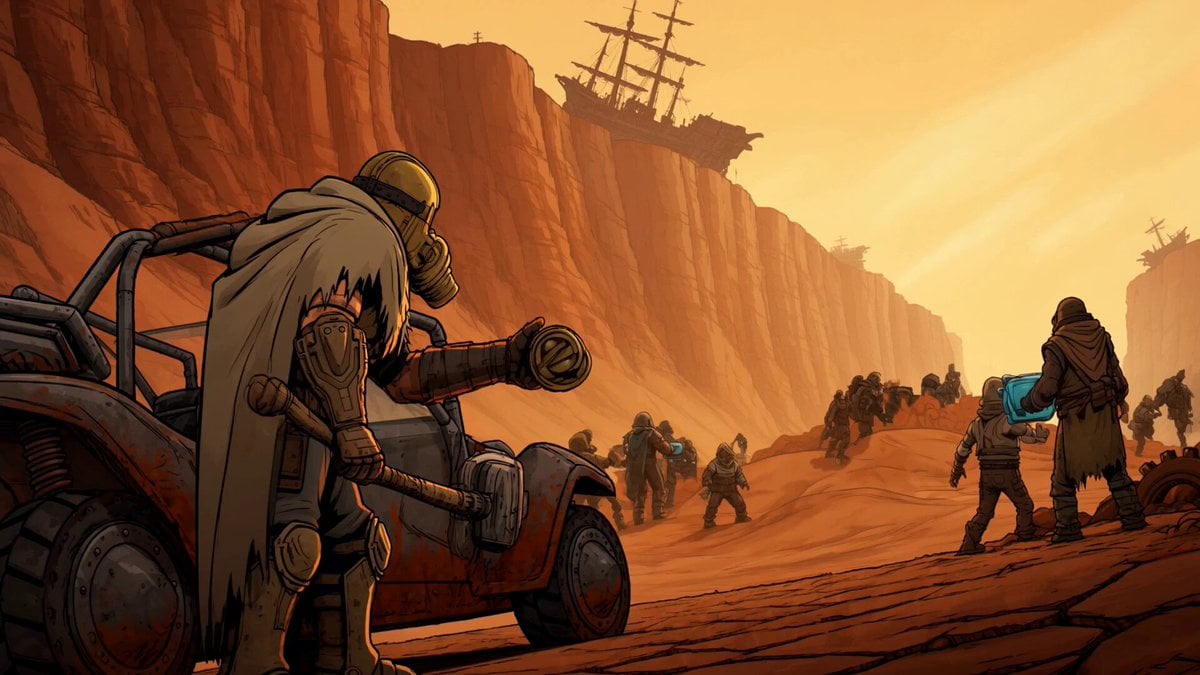 ROTAGONIST: A male Wasteland Drifter wearing a frayed sand-poncho, a heavy