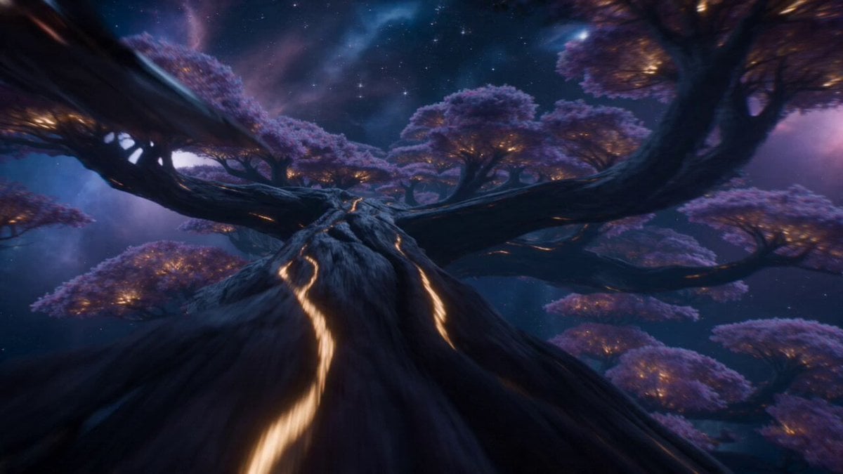 The camera races along a branch of an impossibly large tree floating in